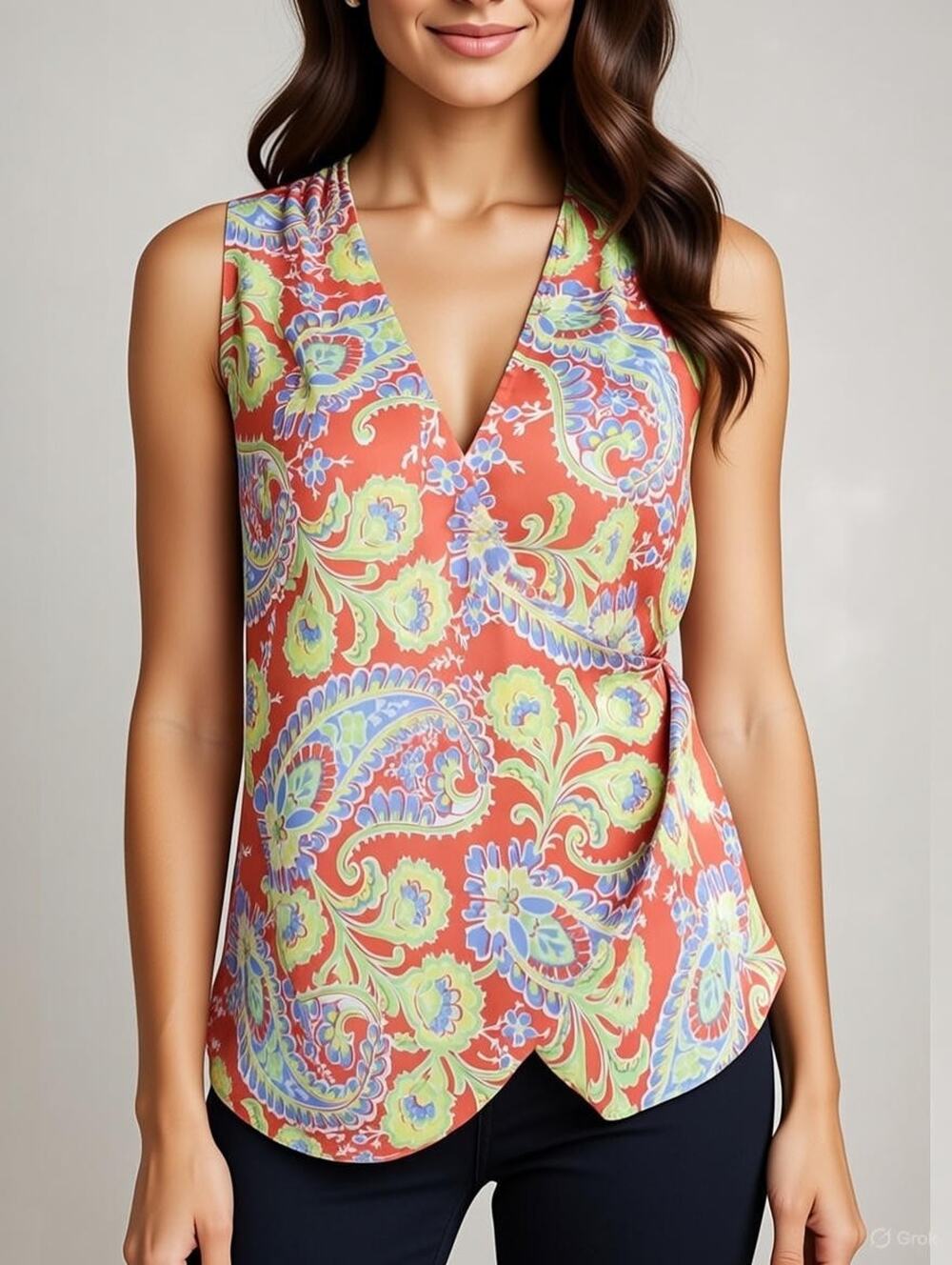 Lauren Ralph Lauren Tank Top womens Sz 6 Orange paisley V Neck Sleeveless